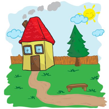 house with yard and bench cartoon illustration clipart