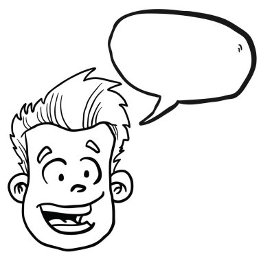 adam beyaz izole mutlu yüz ve konuşma kabarcık karikatür çizim ile