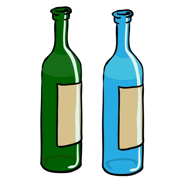 Δύο Άδεια Μπουκάλια Πράσινο Και Μπλε Που Απομονώνονται Λευκό — Διανυσματικό Αρχείο