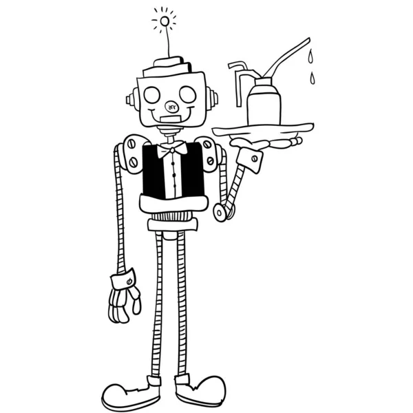 Černé Bílé Robota Číšník Kreslený — Stockový vektor