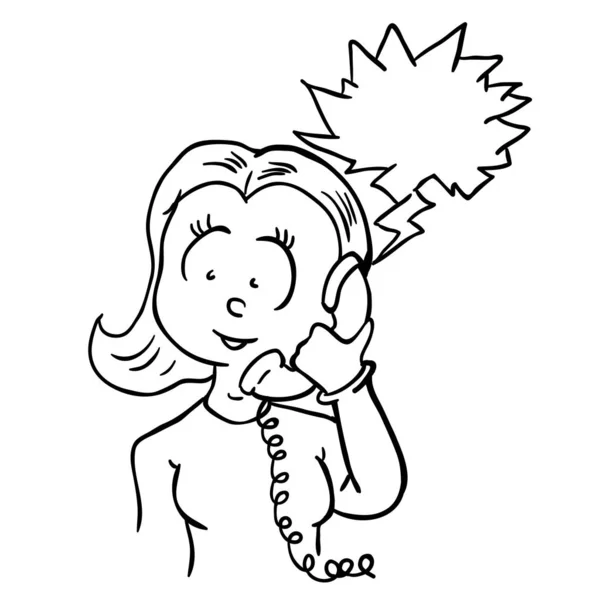 Woman Telephone Black White Cartoon Doodle — Stock Vector