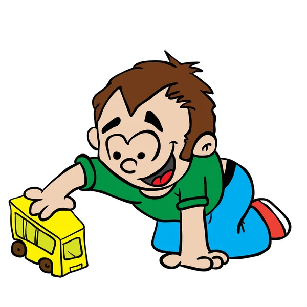 Bambino Giocare Con Giocattolo Autobus Cartone Animato Illustrazione — Vettoriale Stock
