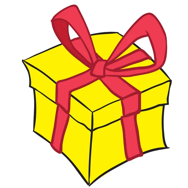 Κίτρινο Δώρο Κουτί Κόκκινη Κορδέλα Γελοιογραφία Doodle — Διανυσματικό Αρχείο