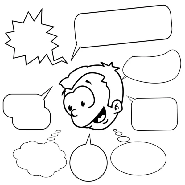 Černé Bílé Chlapeček Sadou Řeči Bubliny Cartoon — Stockový vektor