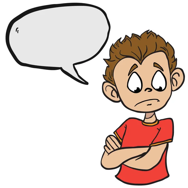  Üzgün çocuk üzerinde beyaz izole konuşma kabarcık karikatür çizim ile