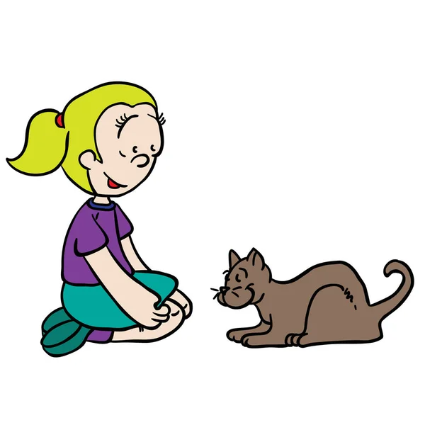 Маленькая Девочка Играет Котом — стоковый вектор