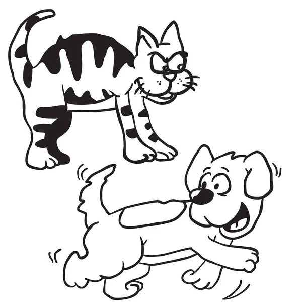 Eenvoudige Zwart Witte Kat Hond Cartoon — Stockvector