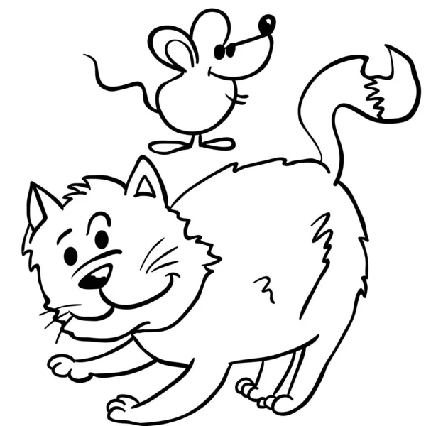 Eenvoudige Zwart Witte Kat Muis Cartoon Afbeelding — Stockvector