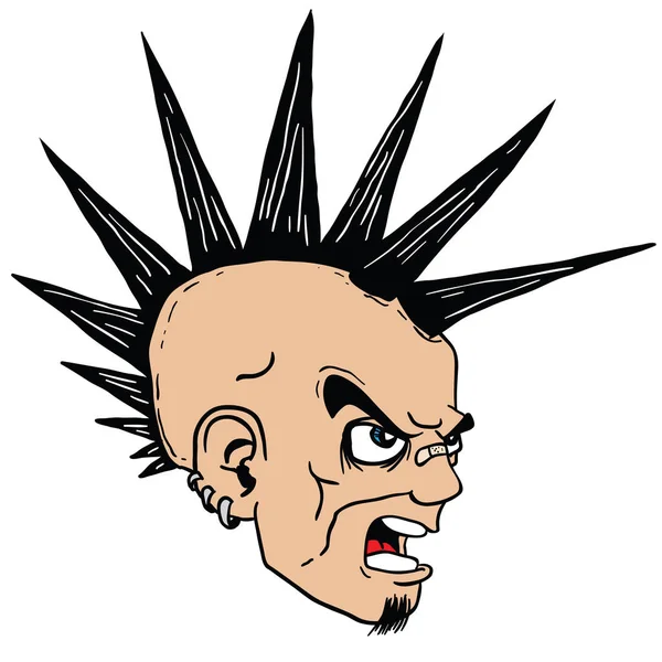 Enojado Punk Cara Dibujos Animados Aislados Blanco — Vector de stock