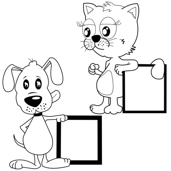 Gato Cachorro Blanco Negro Sosteniendo Pancartas Dibujos Animados — Vector de stock