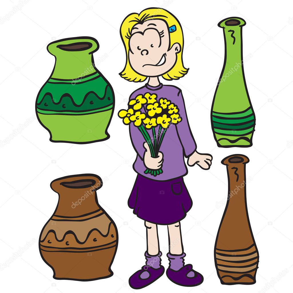 little girl, pots and flowers cartoon illustration