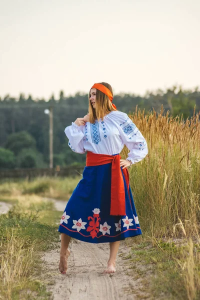 beautiful girl in national dress. bright national outfit. nature near the village. rustic motive.