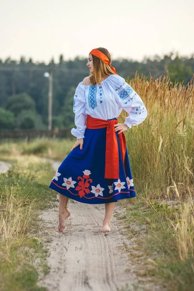 beautiful girl in national dress. bright national outfit. nature near the village. rustic motive.