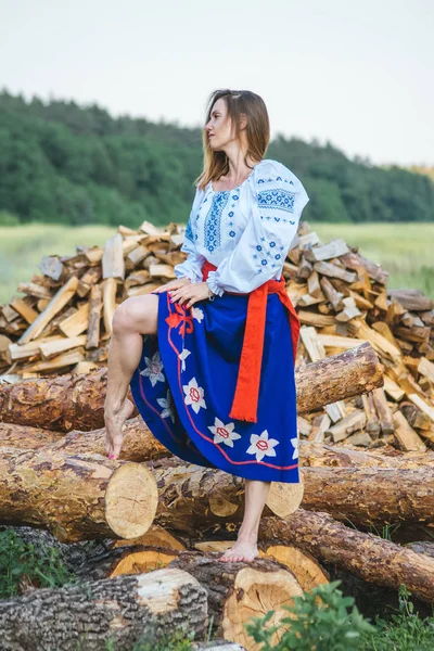 beautiful girl in national dress. bright national outfit. nature near the village. rustic motive.