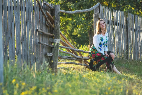 beautiful girl in national dress. bright national outfit. nature near the village. rustic motive.