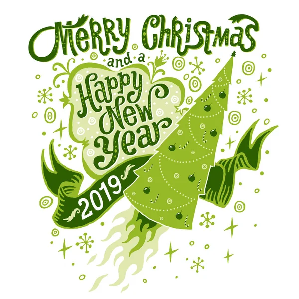 メリー クリスマスと幸せな新年 2019 グリーティング カード 分離ベクトル イラスト ポスター 招待状 はがきまたはバック — ストックベクタ