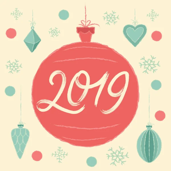 Kerst Bal 2019 Prettige Kerstdagen Gelukkig Nieuwjaar Wenskaart Vectorillustratie Met — Stockvector