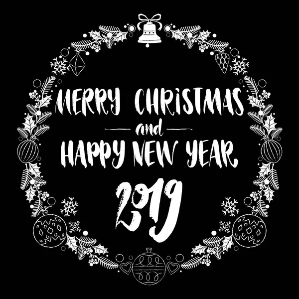 圣诞快乐 2019年新年快乐 装饰白色圣诞花圈框架与书法字母隔离在黑色背景上的贺卡 社交媒体的帖子 其他平面设计 用于编辑的全分层矢量 — 图库矢量图片