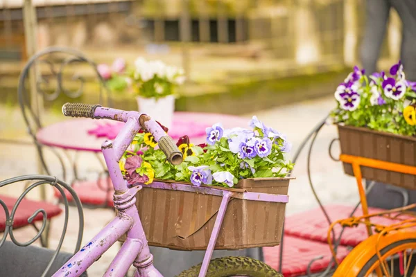 ストリート カフェで花と自転車 — ストック写真