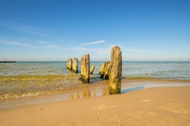 mavi gökyüzü ile Baltık Denizi'ndeki eski kasiklari