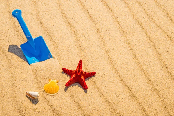 Speelgoed Shovel Met Ster Van Zee Een Zonnig Strand — Stockfoto