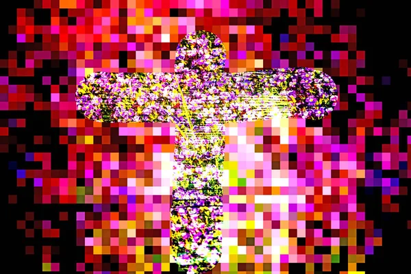 green cross of red flowers within pixels
