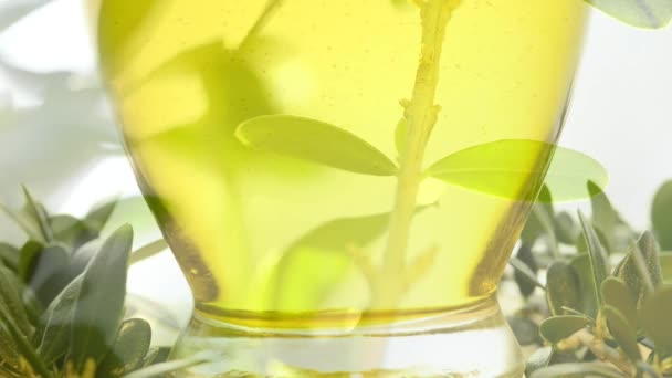 Olivenbaum Und Olivenöl Laufen Eine Glasschüssel — Stockvideo