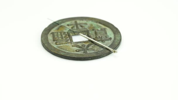 Acupuncture Needle Antique Chinese Coin — Stock Video