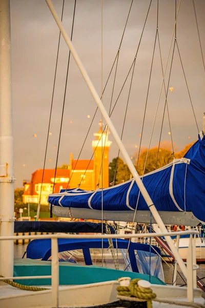 Fishing Port Ustka Poland Old Lighthouse Warm Evening Sun — Stock Photo, Image