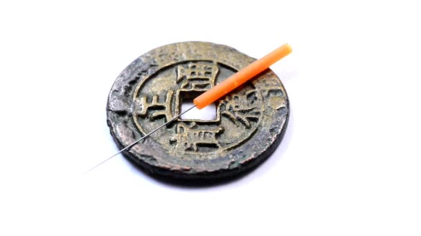 Acupuncture Needle Antique Chinese Coin — Stock Video