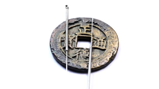 Acupuncture Needles Antique Chinese Coin Turn Table — Stock Video