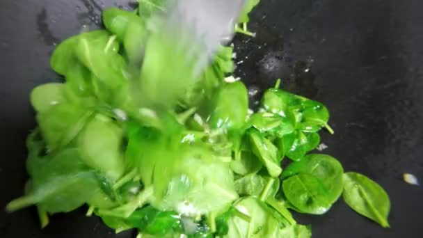 在中国锅里烤新鲜菠菜 — 图库视频影像