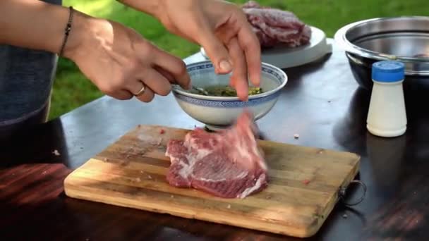 Kvinnliga Händer Marinering Kött För Grill Närbild — Stockvideo