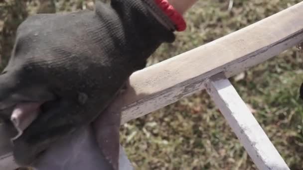 Sanding Women Using Sandpaper Old Chair — Stock Video