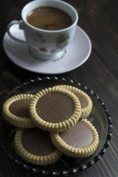 Café Biscoitos Caseiros Com Chocolate Close — Fotografia de Stock