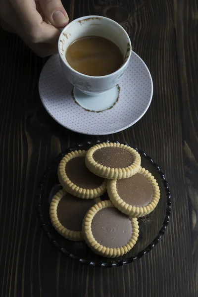 Caffè Biscotti Fatti Casa Con Cioccolato Primo Piano — Foto Stock