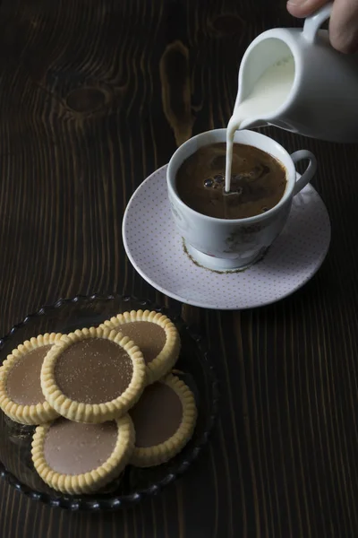 Café Biscoitos Caseiros Com Chocolate Close — Fotografia de Stock