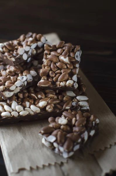 Chocolate Puffed Rice Bar Wooden Table Close — Stock Photo, Image