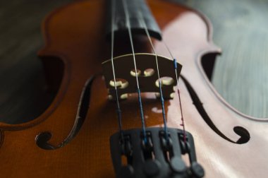 Ahşap arka planda yatan keman.