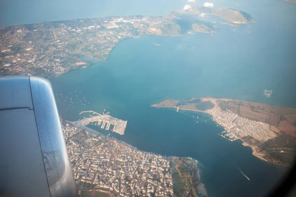 Vue Terre Aile Plane Depuis Fenêtre Avion — Photo