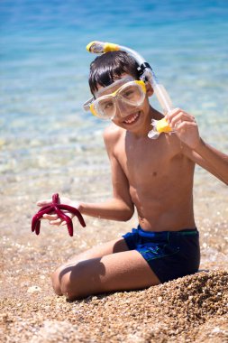  kırmızı beş nokta deniz yıldızı ve net sahilde elinde tutan çocuk