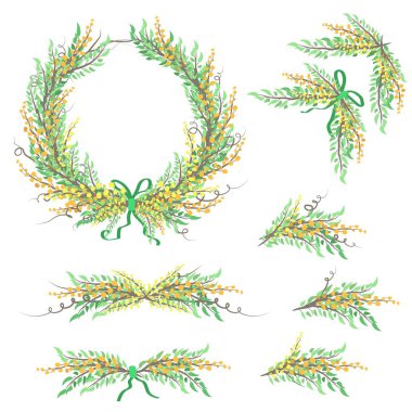 Vektör çiçek seti. Çiçek çelengi. Düğün davetiyesi için ilkbahar veya yaz tasarımı. Yapraklar, çiçekler ve çilek kompozisyon.