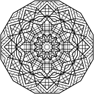 Geometrik mandalalar. Boyama kitabı sayfası. Zigzag süsü. Tasarım için yuvarlak element. Dekoratif süs. Dövme için çizim. Etnik Fraktal Mandala. Grafik ögesi.