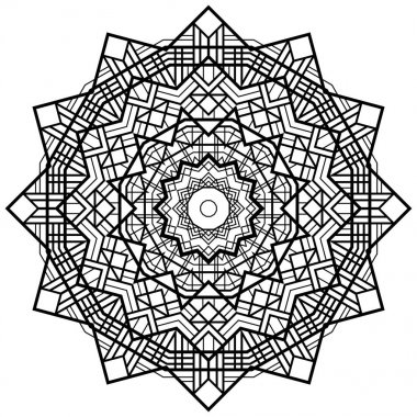 Geometrik mandalalar. Boyama kitabı sayfası. Zigzag süsü. Tasarım için yuvarlak element. Dekoratif süs. Dövme için çizim. Etnik Fraktal Mandala. Grafik ögesi.