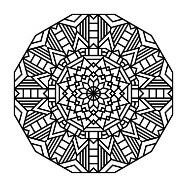 Geometrik mandalalar. Boyama kitabı sayfası. Zigzag süsü. Tasarım için yuvarlak element. Dekoratif süs. Dövme için çizim. Etnik Fraktal Mandala. Grafik ögesi.