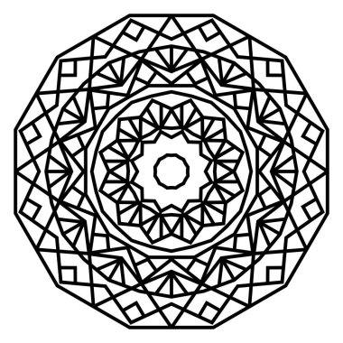 Geometrik mandalalar. Boyama kitabı sayfası. Zigzag süsü. Tasarım için yuvarlak element. Dekoratif süs. Dövme için çizim. Etnik Fraktal Mandala. Grafik ögesi.