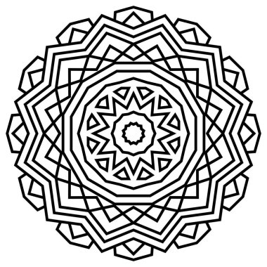 Geometrik mandalalar. Boyama kitabı sayfası. Zigzag süsü. Tasarım için yuvarlak element. Dekoratif süs. Dövme için çizim. Etnik Fraktal Mandala. Grafik ögesi.