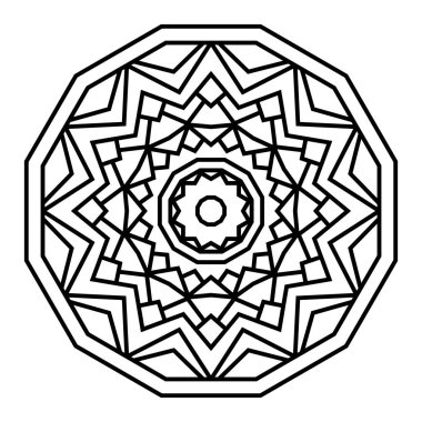 Geometrik mandalalar. Boyama kitabı sayfası. Zigzag süsü. Tasarım için yuvarlak element. Dekoratif süs. Dövme için çizim. Etnik Fraktal Mandala. Grafik ögesi.