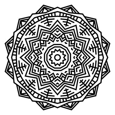 Geometrik mandalalar. Boyama kitabı sayfası. Zigzag süsü. Tasarım için yuvarlak element. Dekoratif süs. Dövme için çizim. Etnik Fraktal Mandala. Grafik ögesi.