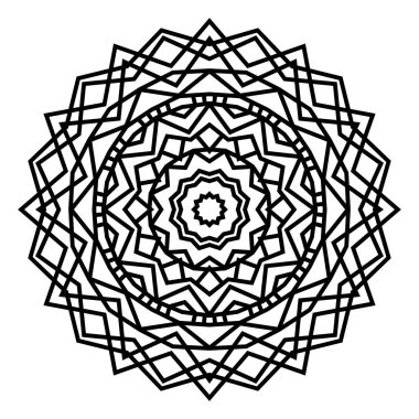 Geometrik mandalalar. Boyama kitabı sayfası. Zigzag süsü. Tasarım için yuvarlak element. Dekoratif süs. Dövme için çizim. Etnik Fraktal Mandala. Grafik ögesi.